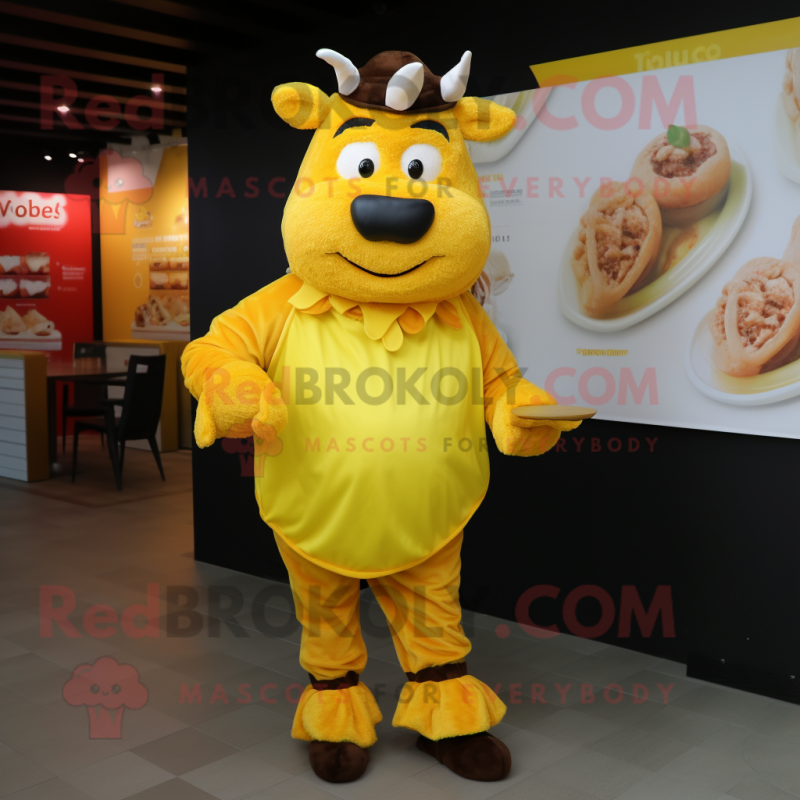 Yellow Beef Wellington mascot costume character dressed with a Jumpsuit and Brooches Yellow Beef Wellington mascot costume character dressed with a Jumpsuit and Brooches