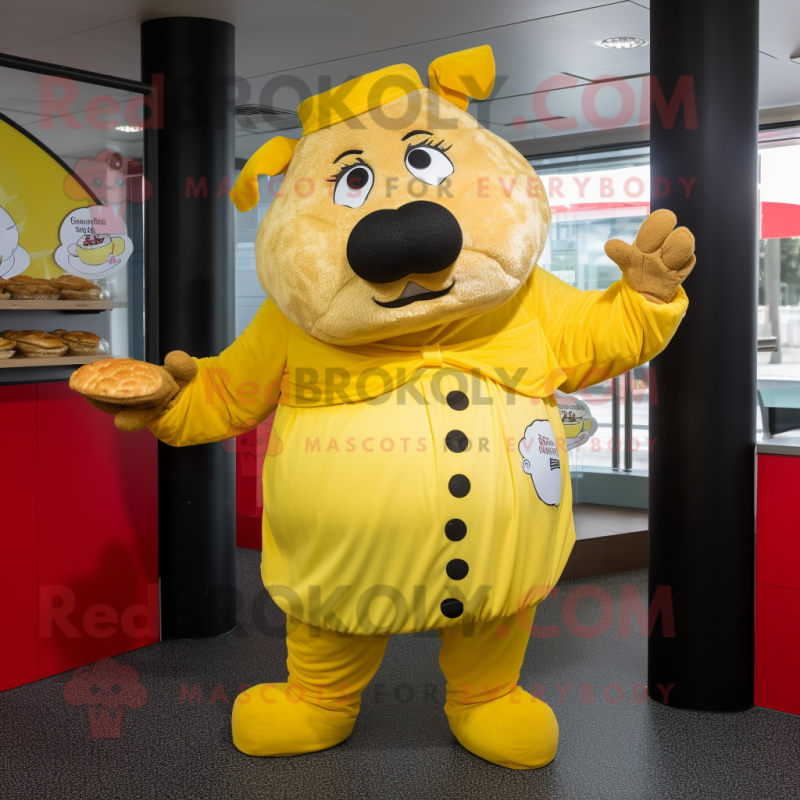 Yellow Beef Wellington mascot costume character dressed with a Jumpsuit and Brooches Yellow Beef Wellington mascot costume character dressed with a Jumpsuit and Brooches