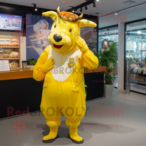 Yellow Beef Wellington mascot costume character dressed with a Jumpsuit and Brooches