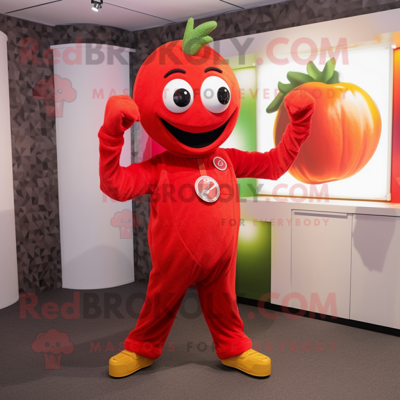 Red Squash mascot costume character dressed with a Jumpsuit and Brooches Red Squash mascot costume character dressed with a Jumpsuit and Brooches