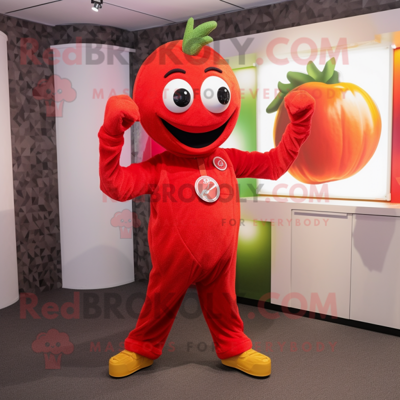 Red Squash mascot costume character dressed with a Jumpsuit and Brooches