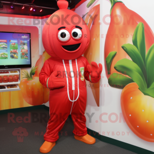 Red Squash mascot costume character dressed with a Jumpsuit and Brooches