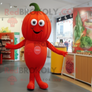 Red Squash mascot costume character dressed with a Jumpsuit and Brooches