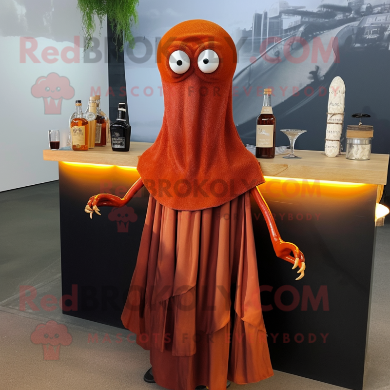 Rust Squid mascot costume character dressed with a Cocktail Dress and Shawl pins