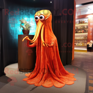 Rust Squid mascot costume character dressed with a Cocktail Dress and Shawl pins