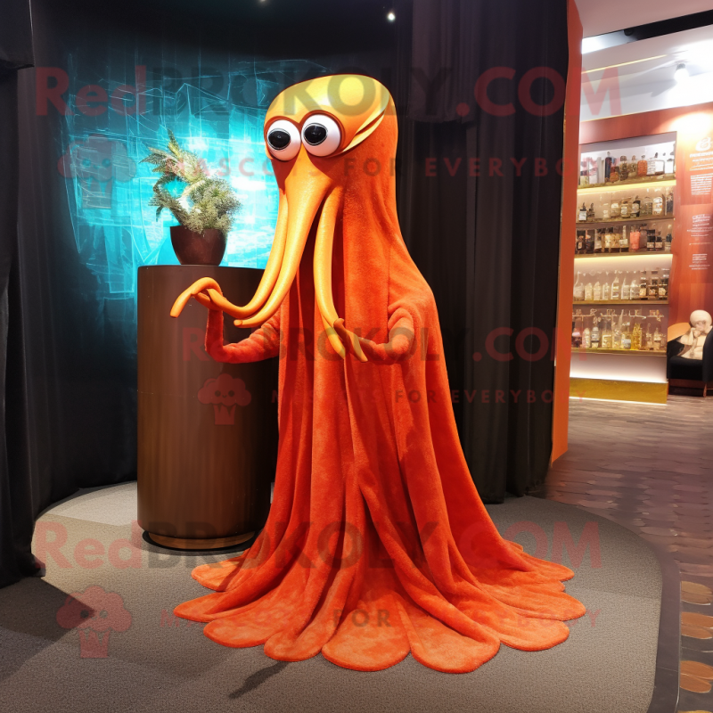 Rust Squid mascot costume character dressed with a Cocktail Dress and Shawl pins Rust Squid mascot costume character dressed with a Cocktail Dress and Shawl pins