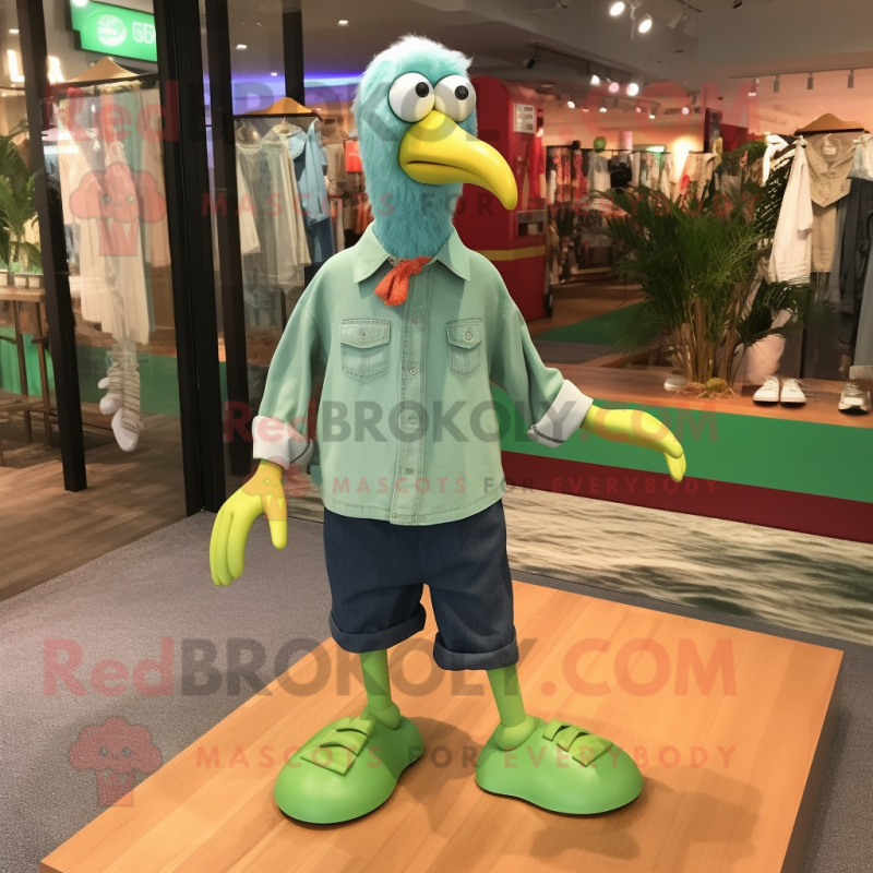 Green Seagull mascot costume character dressed with a Chambray Shirt and Shoe laces