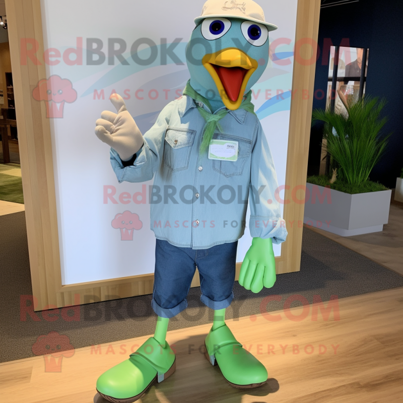 Green Seagull mascot costume character dressed with a Chambray Shirt and Shoe laces