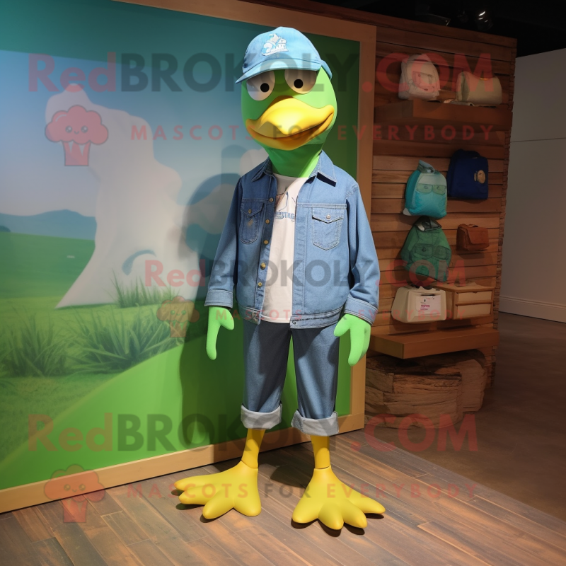 Green Seagull mascot costume character dressed with a Chambray Shirt and Shoe laces