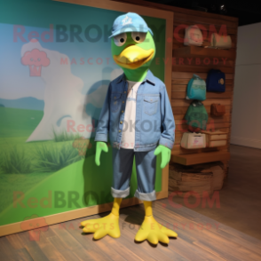 Green Seagull mascot costume character dressed with a Chambray Shirt and Shoe laces
