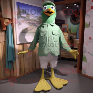 Green Seagull mascot costume character dressed with a Chambray Shirt and Shoe laces