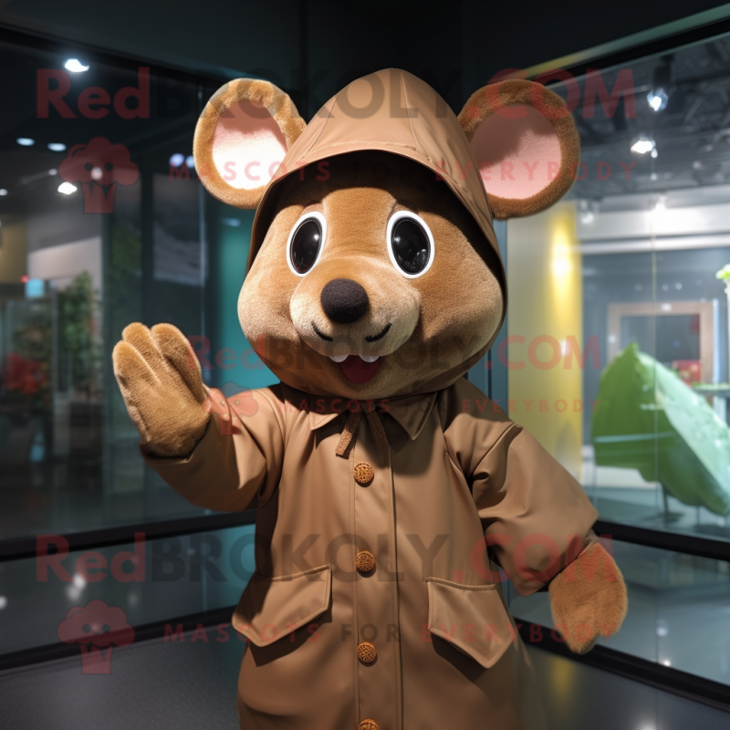 Brown Mouse mascot costume character dressed with a Raincoat and Beanies