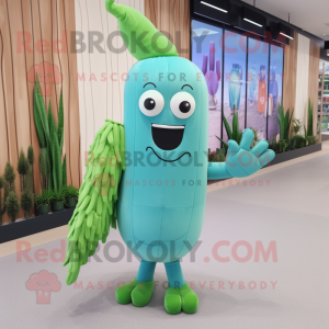 Cyan Asparagus mascot costume character dressed with a Poplin Shirt and Clutch bags