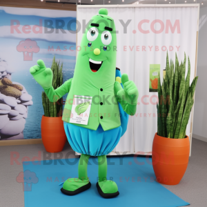 Cyan Asparagus mascot costume character dressed with a Poplin Shirt and Clutch bags