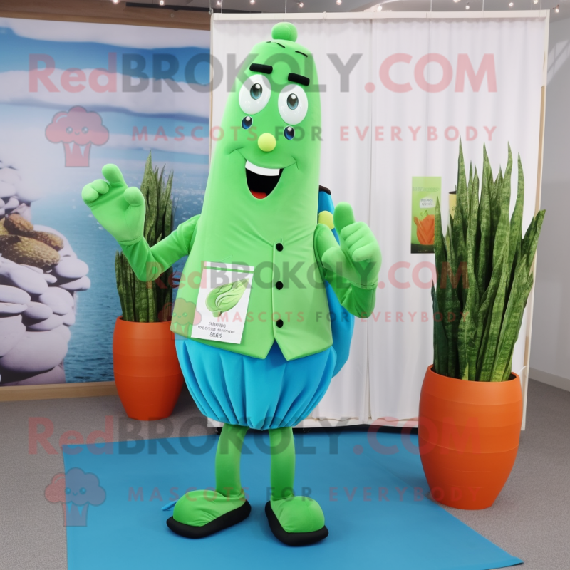Cyan Asparagus mascot costume character dressed with a Poplin Shirt and Clutch bags Cyan Asparagus mascot costume character dressed with a Poplin Shirt and Clutch bags
