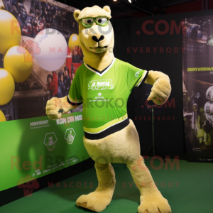 Lime Green Camel mascot costume character dressed with a Rugby Shirt and Foot pads