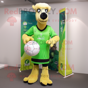 Lime Green Camel mascot costume character dressed with a Rugby Shirt and Foot pads