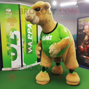 Lime Green Camel mascot costume character dressed with a Rugby Shirt and Foot pads