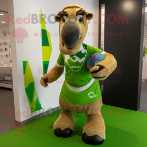 Lime Green Camel mascot costume character dressed with a Rugby Shirt and Foot pads