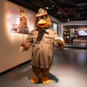 Brown Hens mascot costume character dressed with a Parka and Suspenders
