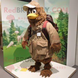 Brown Hens mascot costume character dressed with a Parka and Suspenders