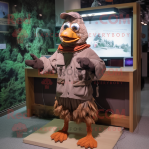 Brown Hens mascot costume character dressed with a Parka and Suspenders