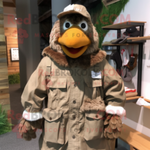 Brown Hens mascot costume character dressed with a Parka and Suspenders