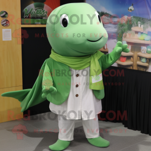 Green Humpback Whale mascot costume character dressed with a Button-Up Shirt and Shawls