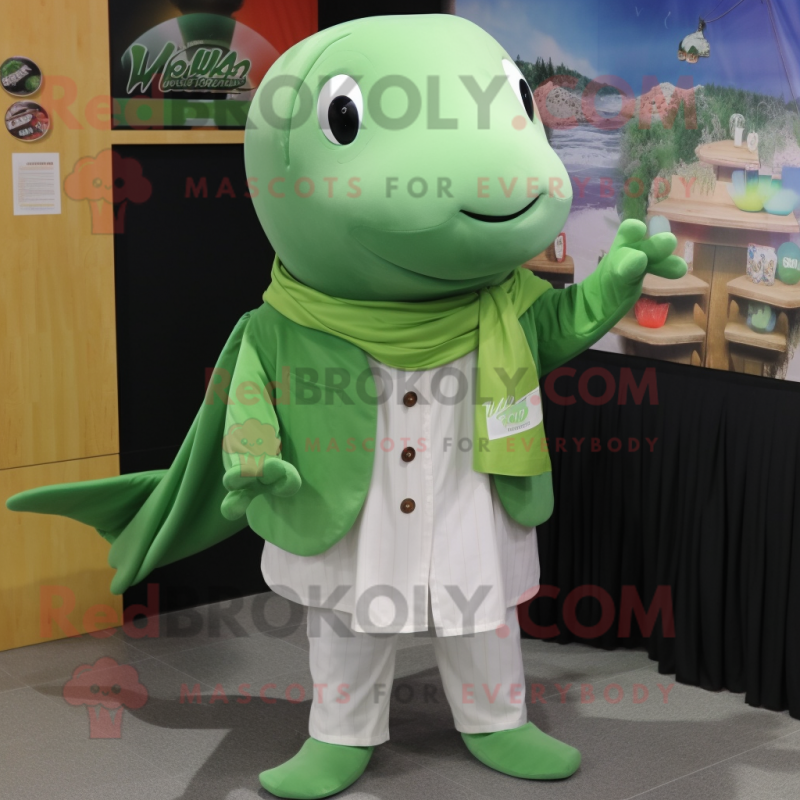 Green Humpback Whale mascot costume character dressed with a Button-Up Shirt and Shawls Green Humpback Whale mascot costume character dressed with a Button-Up Shirt and Shawls