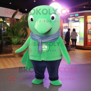 Green Humpback Whale mascot costume character dressed with a Button-Up Shirt and Shawls