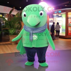 Green Humpback Whale mascot costume character dressed with a Button-Up Shirt and Shawls