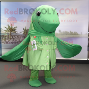 Green Humpback Whale mascot costume character dressed with a Button-Up Shirt and Shawls