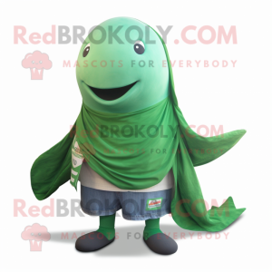 Green Humpback Whale mascot costume character dressed with a Button-Up Shirt and Shawls