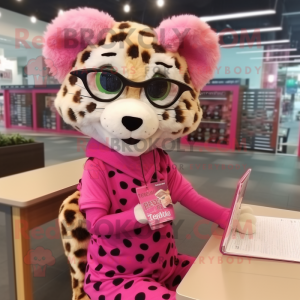 Pink Cheetah mascot costume character dressed with a Blouse and Reading glasses
