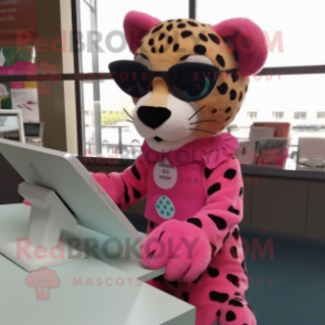 Pink Cheetah mascot costume character dressed with a Blouse and Reading glasses