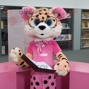 Pink Cheetah mascot costume character dressed with a Blouse and Reading glasses