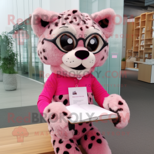 Pink Cheetah mascot costume character dressed with a Blouse and Reading glasses