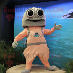 Beige Salmon mascot costume character dressed with a Swimwear and Cummerbunds
