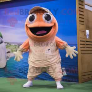 Beige Salmon mascot costume character dressed with a Swimwear and Cummerbunds