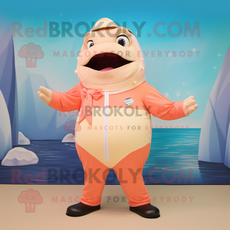 Beige Salmon mascot costume character dressed with a Swimwear and Cummerbunds