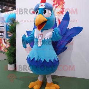 Cyan Roosters mascot costume character dressed with a Maxi Skirt and Cummerbunds
