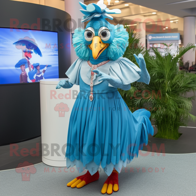 Cyan Roosters mascot costume character dressed with a Maxi Skirt and Cummerbunds