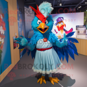 Cyan Roosters mascot costume character dressed with a Maxi Skirt and Cummerbunds