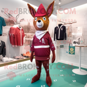 Maroon Roe Deer mascot costume character dressed with a Swimwear and Beanies