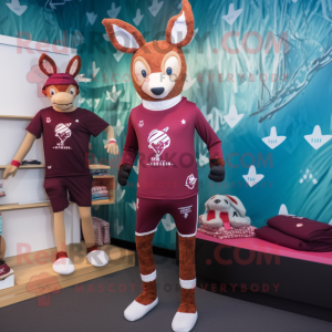 Maroon Roe Deer mascot costume character dressed with a Swimwear and Beanies