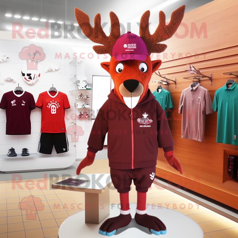 Maroon Roe Deer mascot costume character dressed with a Swimwear and Beanies Maroon Roe Deer mascot costume character dressed with a Swimwear and Beanies