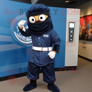 Navy Ninja mascot costume character dressed with a Button-Up Shirt and Digital watches