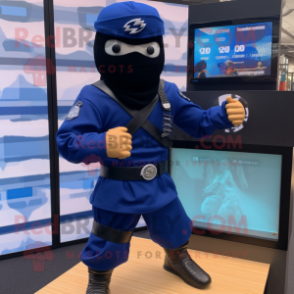 Navy Ninja mascot costume character dressed with a Button-Up Shirt and Digital watches