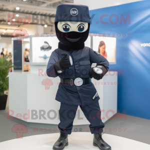 Navy Ninja mascot costume character dressed with a Button-Up Shirt and Digital watches