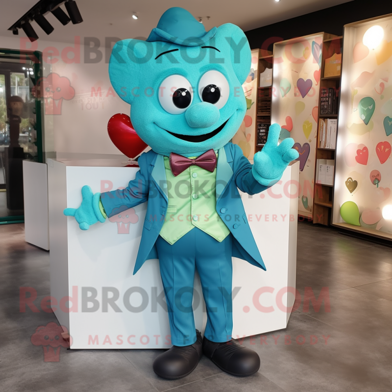 Teal Heart mascot costume character dressed with a Poplin Shirt and Bow ties Teal Heart mascot costume character dressed with a Poplin Shirt and Bow ties